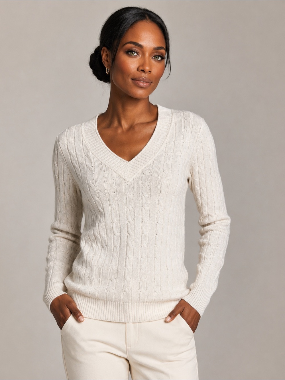 LOFT Cream Cable Knit V-Neck Sweater Wool Rabbit Hair Blend Size M